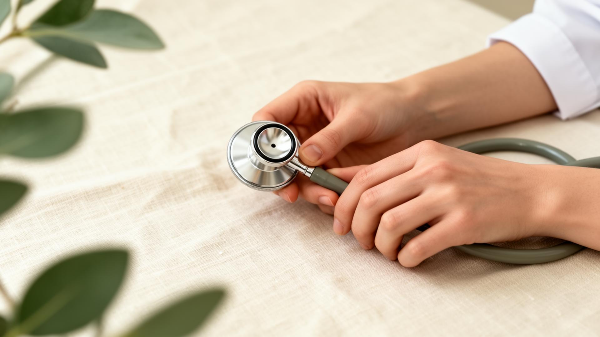 Clinician's hands holding a stethoscope