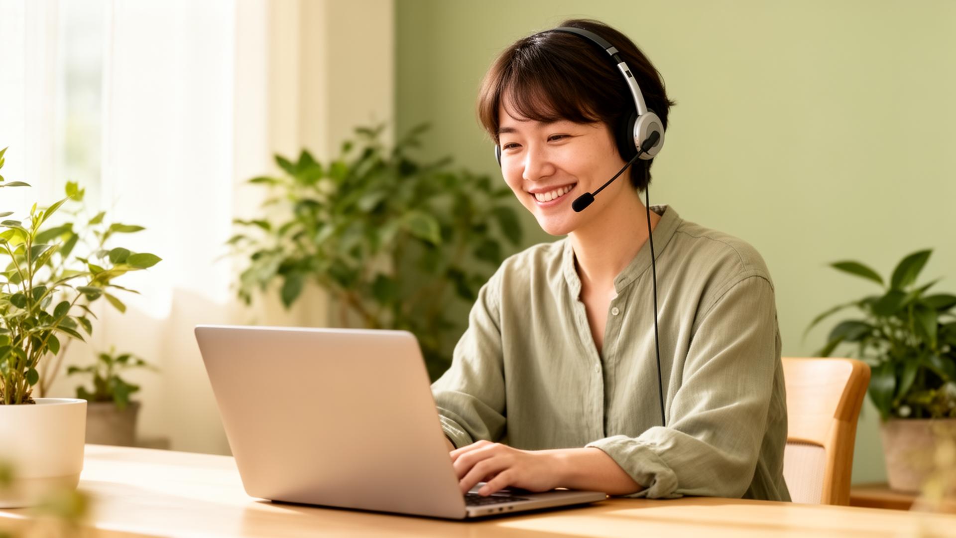Friendly support specialist at a laptop